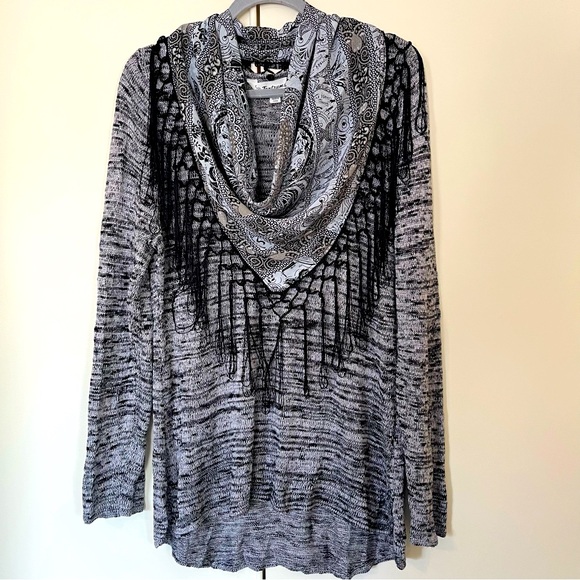 Tantrums Gray Knit Sweater with Removable Fringe Scarf – Size Large - Picture 1 of 14